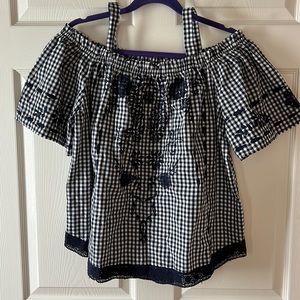 Knox‎ Rose Gingham Off Shoulder Blouse Floral Embroidery Navy, Sz L